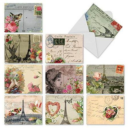 'M2355OCB PARISIAN POSTCARDS' 10 Assorted All Occasions Note Cards Featuring Vintage Collage Postcards with Images that Evoke Paris and the French Countryside with Envelopes by The Best Card (Best Sim Card For France)