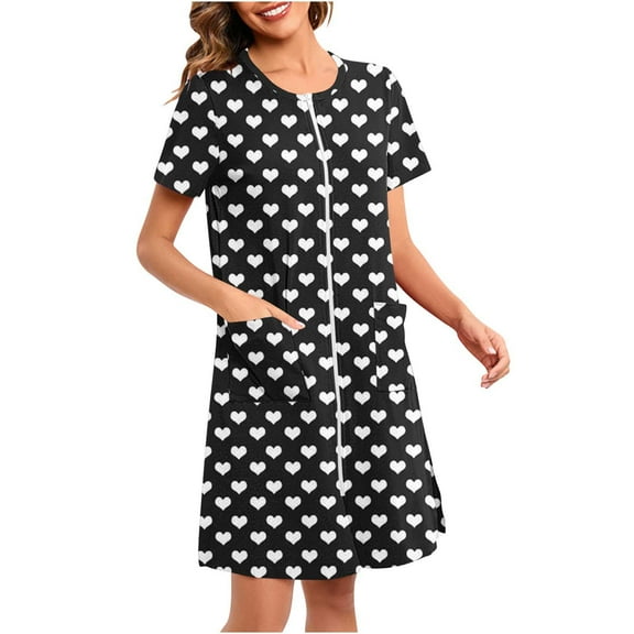 Sakmal House Dress for Women Full Zip with Pockets Nightshirt Hearts Print Short Sleeve Black Nightgowns