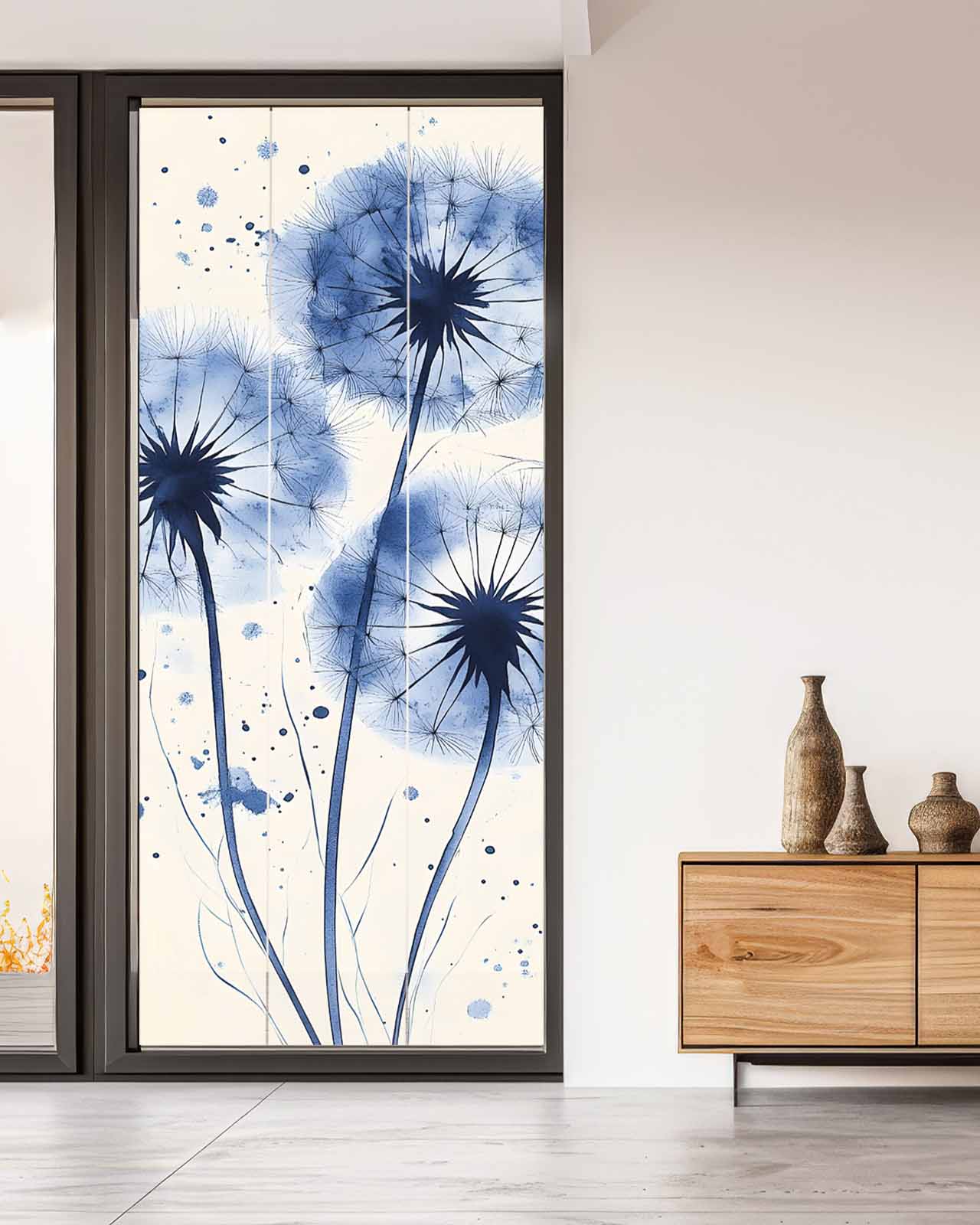 Window Privacy Film Spring Dandelion Stained Glass Window Film Decorative Sun Block Window Cover Simple Vintage Watercolor Blue Flowers Window Clings Static Adhesive Sticker for Bathroom 35.4"x78.7"