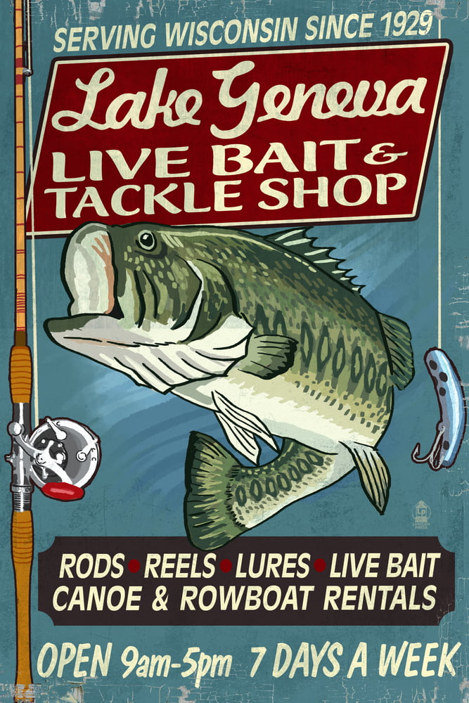 Lake Geneva, Wisconsin, Tackle Shop Bass Vintage Sign (12x18 Wall