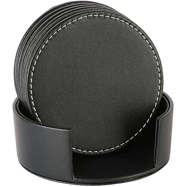 wonima44 Set of 6 Leather Drink Coasters Round Cup Mat Pad with Holder for Tabletop Protection, Home Décor, Kitchen and Housewarming Gift (Black, 4")