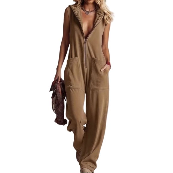JULMCOMO Jumpsuits for Women Hooded Zip Up Sleeveless Casual Overalls Wide Leg Vacation Loose Fit Jumpsuit with Pockets Khaki S