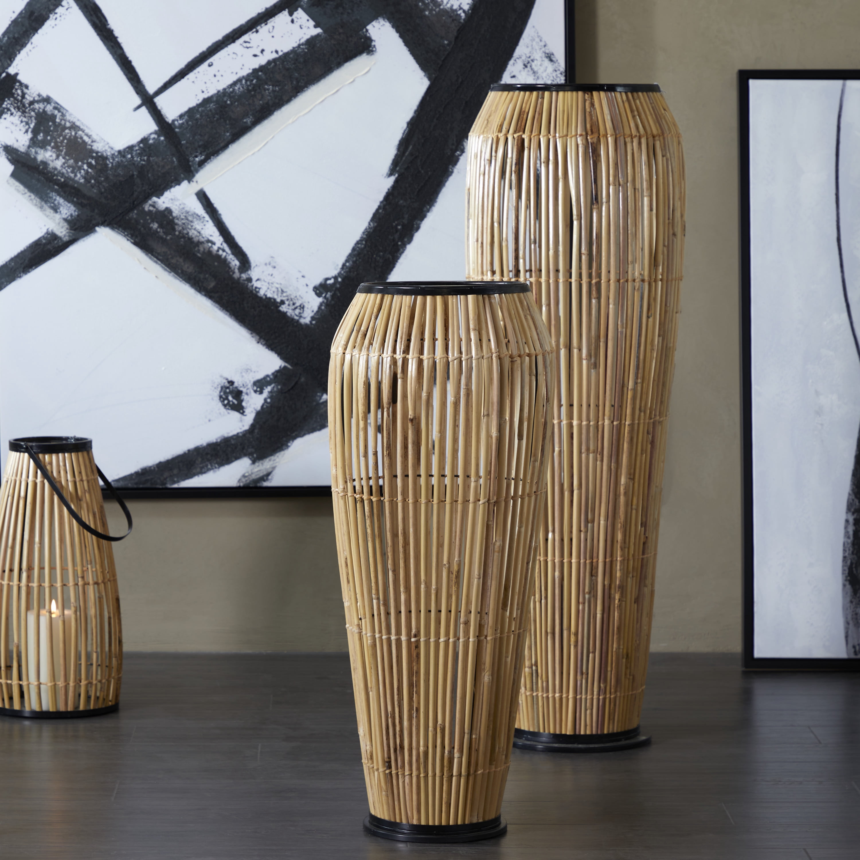 DecMode 34" Handmade Slatted Frame Brown Wicker Vase with Black Metal Accents