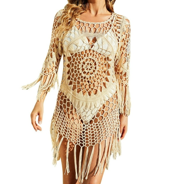 Bikini para mujer, traje de baño con encaje de ganchillo calado con borlas, traje de baño suelto, vestido de cobertura Pompotops lopia1000416