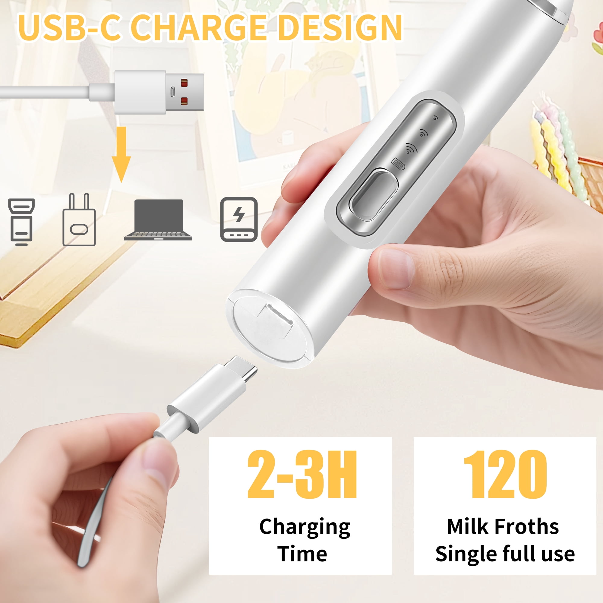 Rechargeable Milk Frother With 3 Speeds - Handheld Electric Frother Wand, 2 Stainless Whisks & Stand