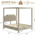 thumbnail image 2 of Upholstered Canopy Bed Frame Queen Size with headboard, Button Tufted, Nailhead Trim Design, No Box Spring Required, Beige, 2 of 8