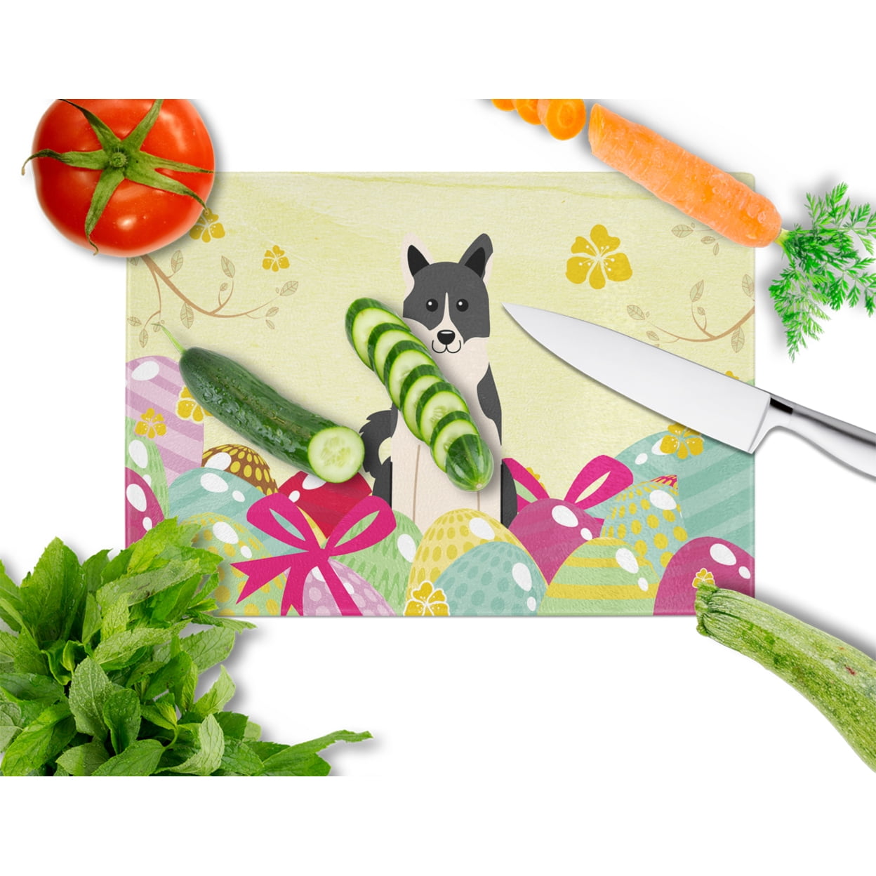 Carolines Treasures BB6029LCB Easter Eggs Russo-European Laika Spitz Glass Cutting Board Large, 12H x 16W, multicolor
