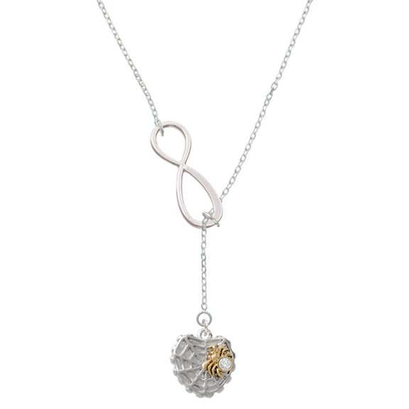 Delight Jewelry Two-tone Spider Web Heart with Crystal Spider Silver tone Elegant Infinity Lariat Necklace