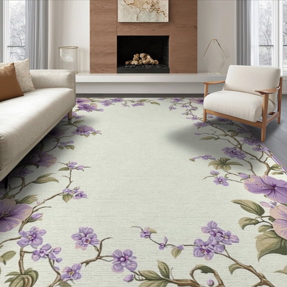 ODIKA 8'x10' Washable Area Rug Purple Fuzzy Botanical Sprigs Circle Delicate Vine Border Frame for King Size Bedroom Under Bed, Master Suite, Non-Shedding, Easy Care