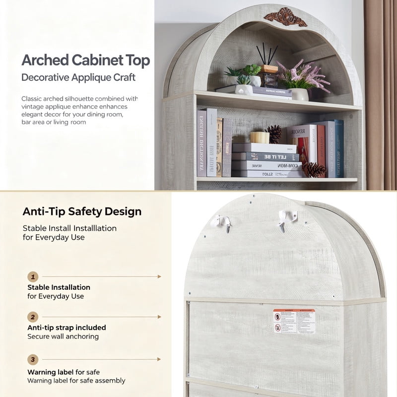 Arched Bar Wine Storage Liquor Cabinet with Removable Wine Grid, Freestanding Bookcase with Adjustable Shelves