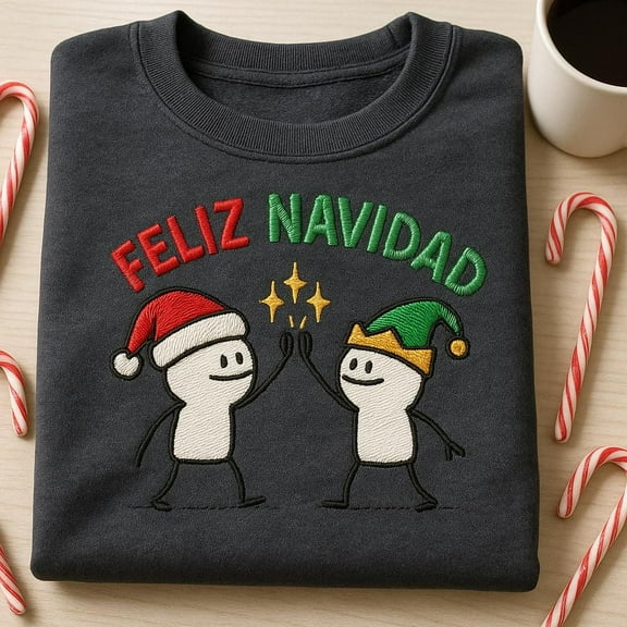 Funny High Five Christmas Embroidered Sweatshirt, Feliz Navidad Holiday Hoodie, Cute Spanish Xmas Sweater, Funny Stickman Gift