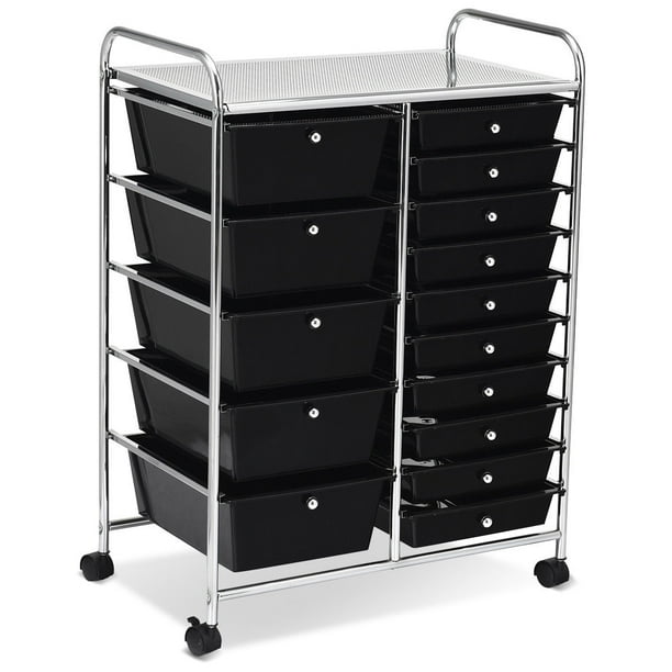 Costway Cajonera multiusos con 15 cajones en cocina de plástico Contenedor con ruedas Negro