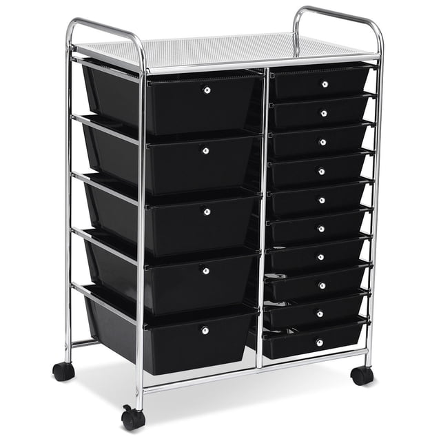 Costway Cajonera multiusos con 15 cajones en cocina de plástico Contenedor con ruedas Negro