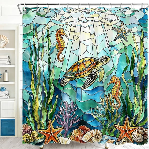 HVEST Summer Sea Turtle Shower Curtain, Stained Glass Ocean Coral Shower Curtain - Coastal Ocean Bathroom Decor, Waterproof Polyester Fabric, Includes 12 Hooks, 72x72 Inches