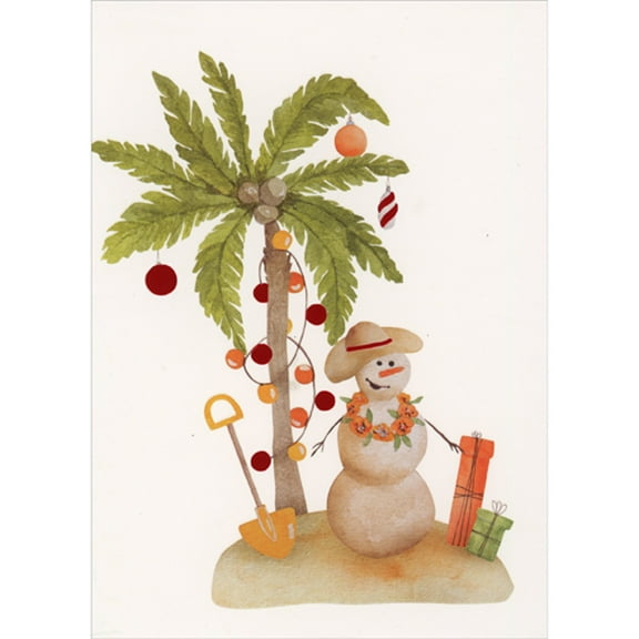 Red Farm Studios Snowman, Decorated Palm Tree, Yellow Shovel and Gifts Box of 15 Tropical Christmas Cards