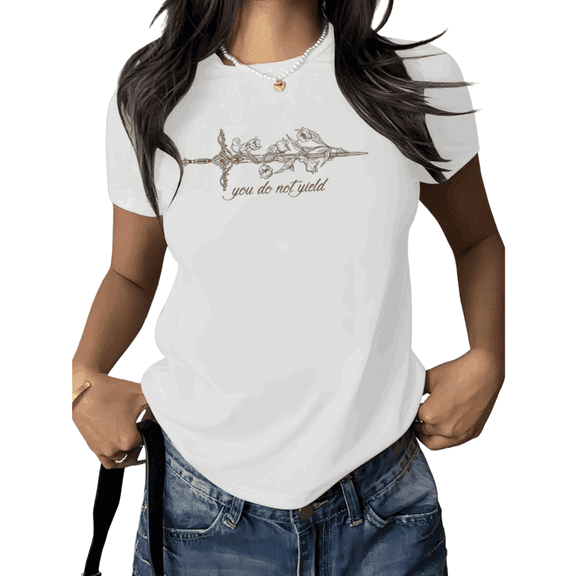 White Print Tshirt Fantasy Floral Sword Graphic Tees Shirts Dark Academia Gothic Aesthetic Vintage Sword Casual Cotton Tee S 5XL Tops