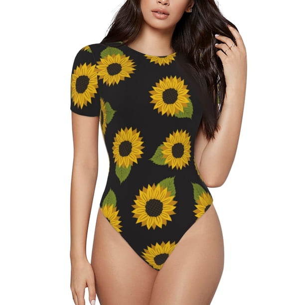 Balery Sunflowers Body de cuello redondo de manga corta para mujer Tops de manga corta Tops básicos-Medium