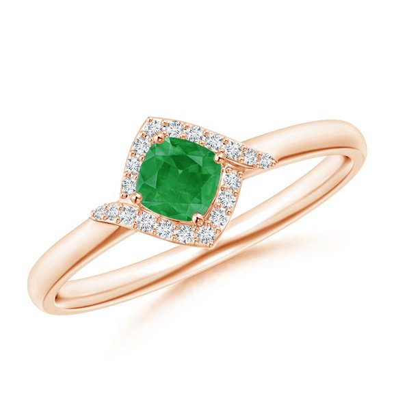 ANGARA Natural Cushion Emerald and Diamond Halo Promise Ring in 14K Rose Gold for Women (Size-4mm) | May Birthstone, Birthday, Anniversary, Jewelry Gift for Women | Natural Emerald Ring