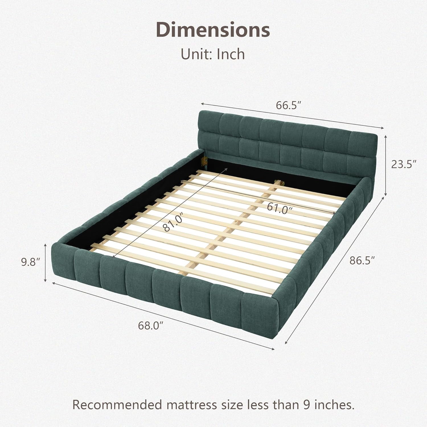 GAKMCIL Modern Queen Size Bed Frame, Chenille Fabric Grounded Queen Size Low Platform Bed with Headboard and Thick Fabric, Easy Assembly, No Box Spring Needed (Green 68''*86.5''*23.5'')