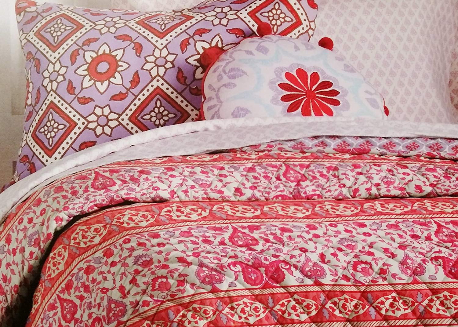 John Robshaw Twin XL Reversible Bed Quilt Coral Pink Leela Floral