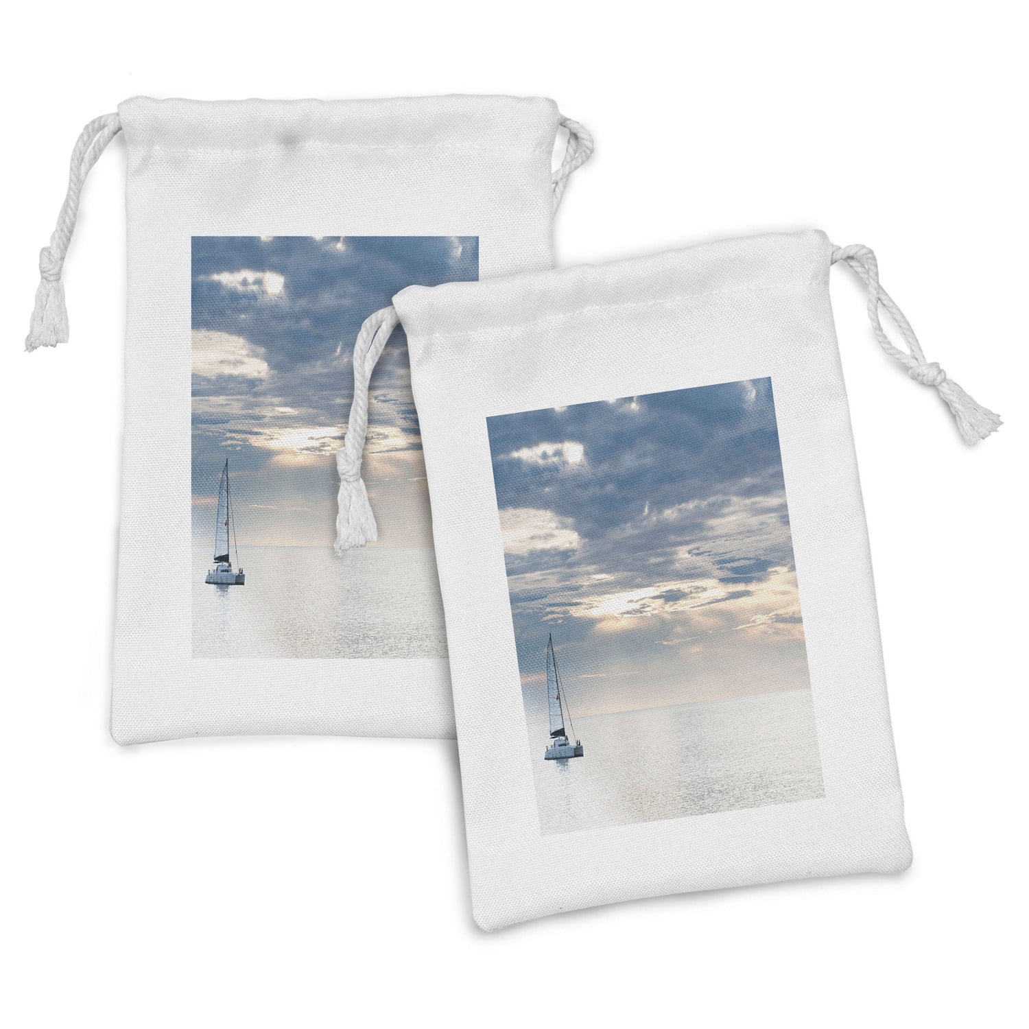 Nautical Fabric Pouch Set of 2, Sailing Yacht in the Morning Time on ...