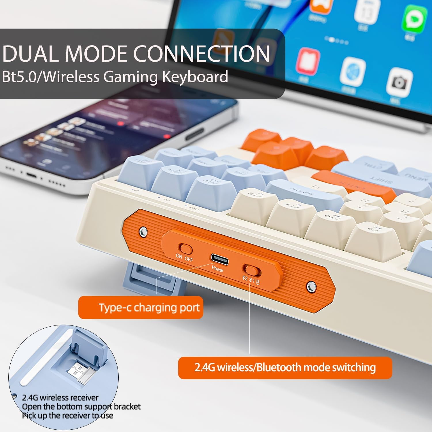 ATTACK SHARK Gaming Keyboard with Dual Mode Bluetooth 5.0/2.4Ghz TLK Mechanical Feeling Keyboard Mac,Rechargeable Anti-ghosting PBT 75% Wireless Keyboard Backlit for Silent Office/Gaming-Blueberries