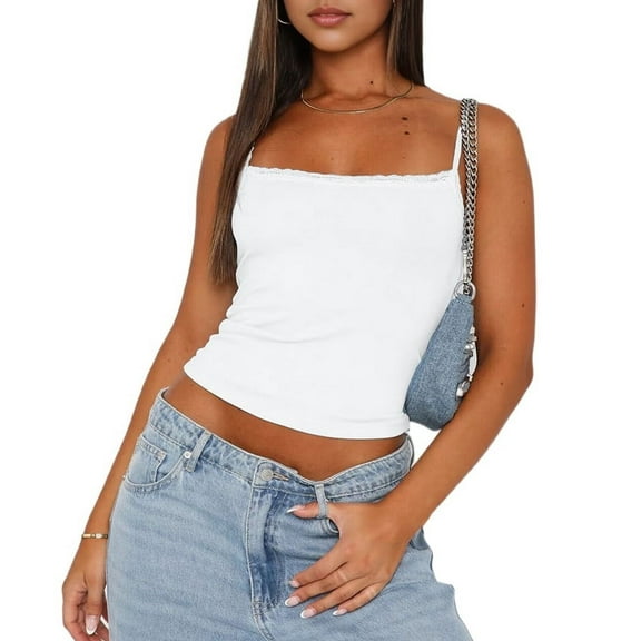 Women'S Spaghetti Strap Top Basic Sleeveless Crop Tank Top White M