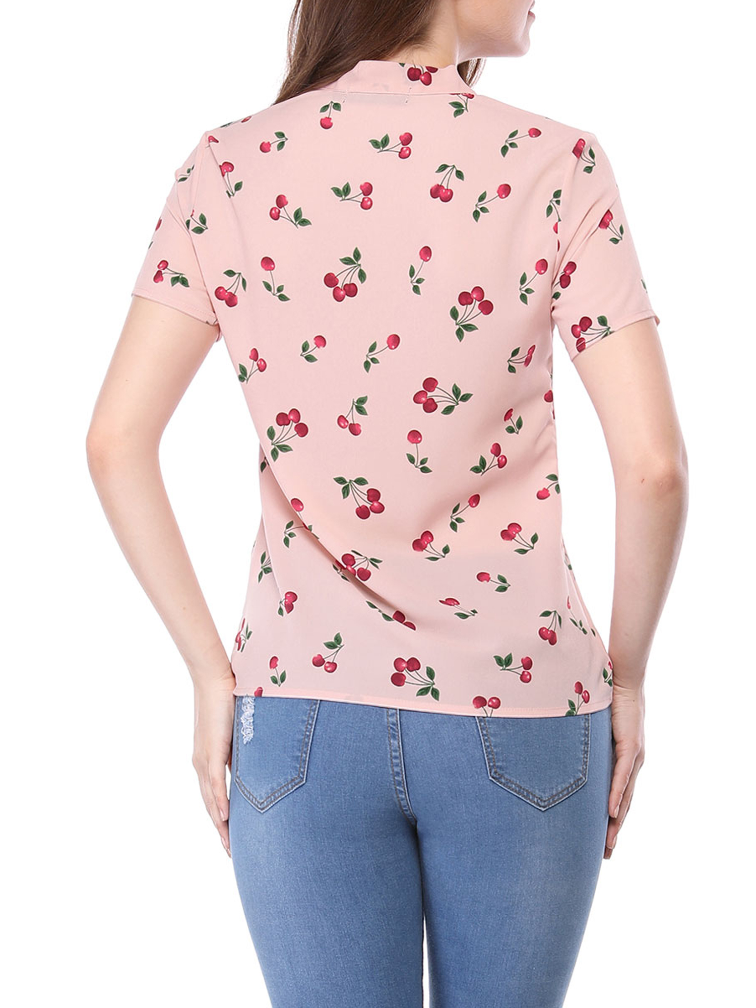 MODA NOVA Juniors Summer Top Tie Bow Neck Short Sleeve Floral Print Blouse Pink M - image 4 of 6
