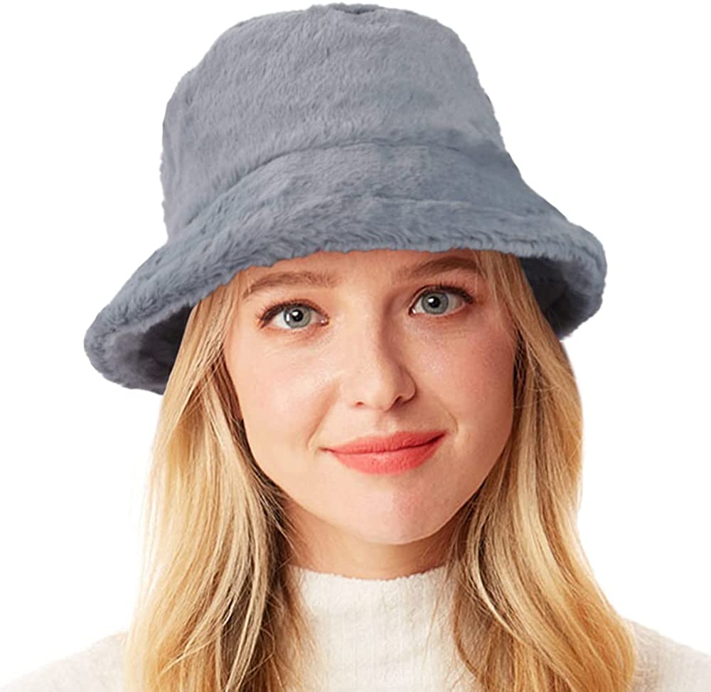 Winter Fluffy Bucket Hat for Women's Faux Fur Fishman Cap Warm Fuzzy Bucket Hats