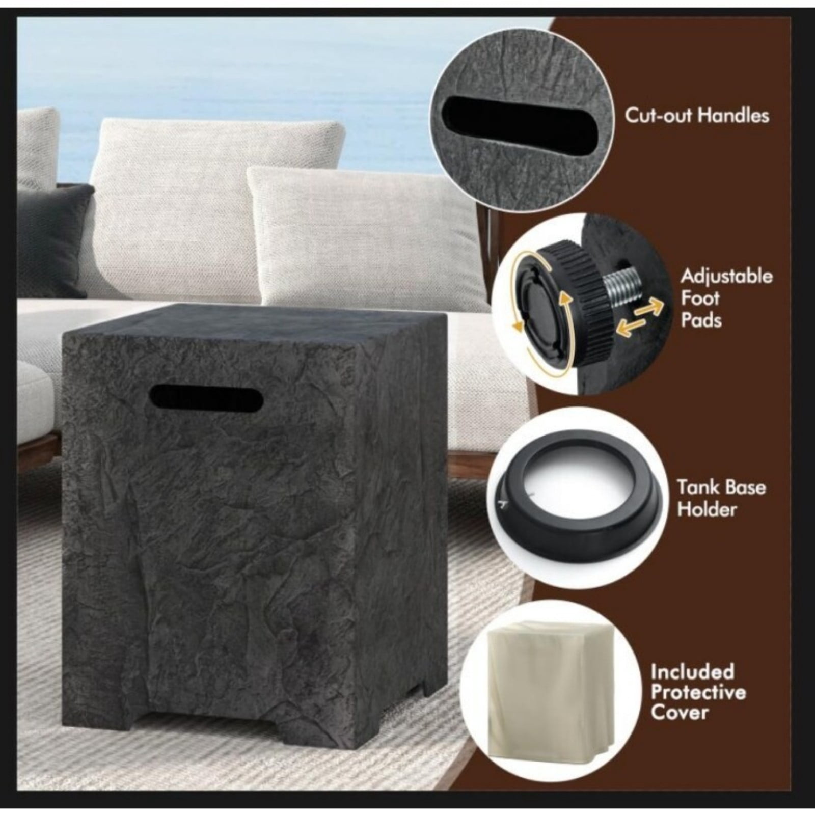 Propane Tank Cover Table 16" x 16", Outdoor Side Table for 20 lb Propane Tank, Stone Look Tank Hideaway with Waterproof PVC Cover & Adjustable Feet, Gray