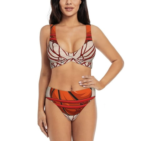 Zeuib Basketball Shot High Waisted Tummy Control Bikini Set - Knot Front Push Up Top & Cheeky Thong Bottom  Two-Piece Swimsuit for Women-Large