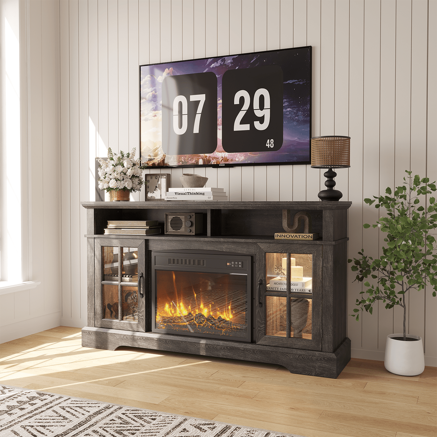 Sonegra Fireplace TV Stand with Glass Door for TVs up to 70", 58" Entertainment Center with Fireplace, Media Console for Living Room, Brown
