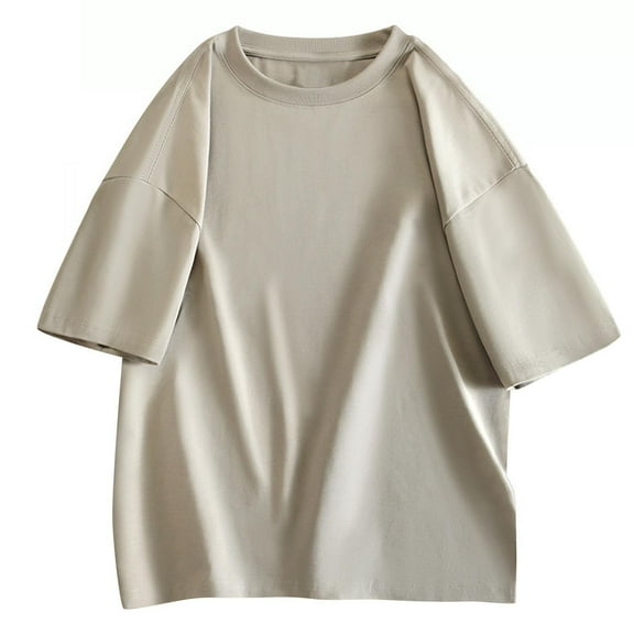 HOOMEUMY Men's Summer T-Shirt Loose Fit Crew Neck Short Sleeve Solid Color Basic Tee Shirt Femme Tops Beige XXXL