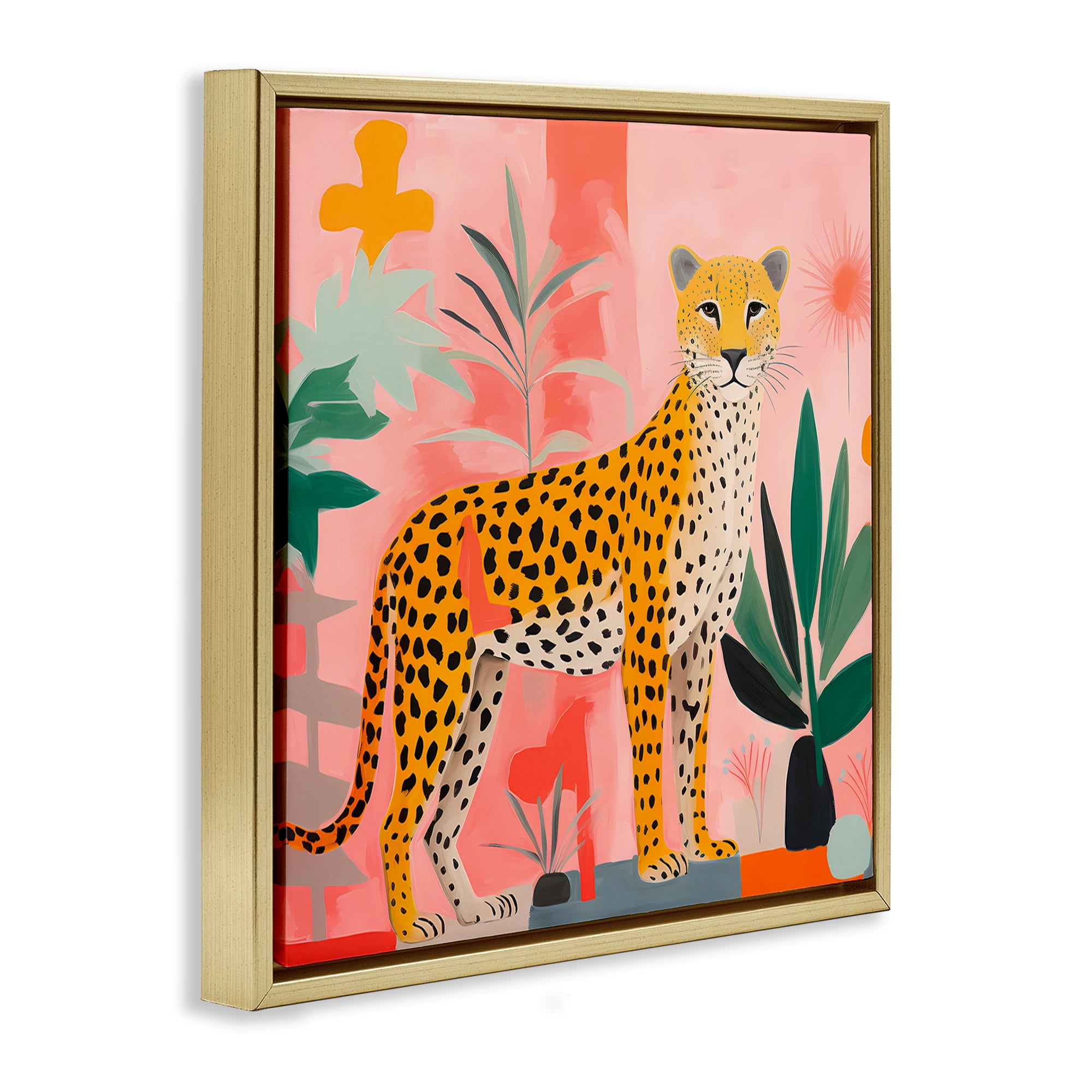 Stupell Industries Standing Leopard & Plants Animals & Insects Painting Gold Floater Framed Canvas Art Print Wall Art, 25 x 25