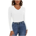 thumbnail image 2 of APEXFWDT Women's V-Neck Thermal Top Long Sleeve Undershirt Stretchy Fitted Base Layer T-Shirt Fall Winter Comfortable Daily Wear,S,White, 2 of 6