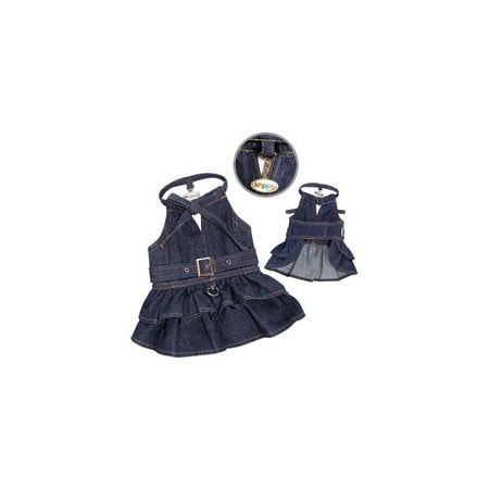 stylish v-neck denim dog dress with adjustable neck strap and d-ring for leash attachment - l