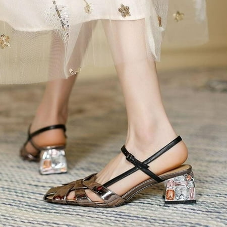 

AXXD Women Black Sandals Clearance Under $10 Hollow Out Woven Baotou Sandals Summer French Vintage Rhinestone Thick Heel High Heel Roman Shoes