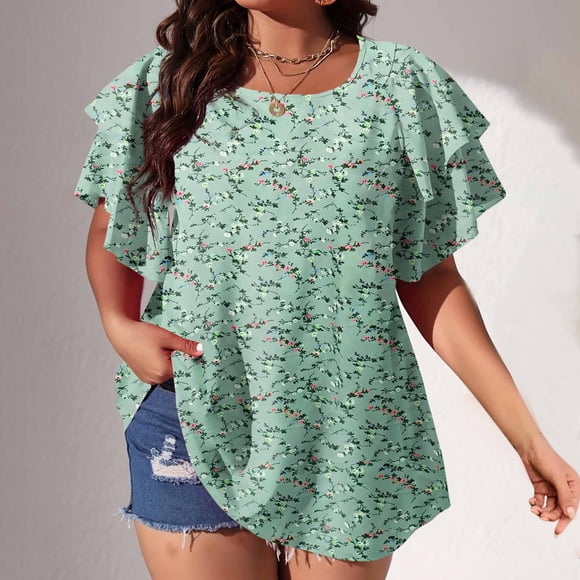 Sales Today Clearance Iumwxz Plus Size Tops Casual Tunic Swing Blouses Womens Shirts Floral Graphic Tunic Tops Ruffle Sleeve Round Neck T Shirts for Ladies New Arrivals Street Wear