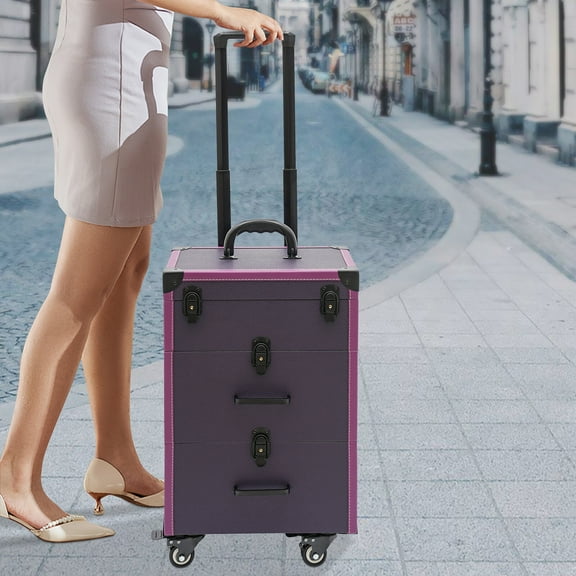 Rolling Makeup Case Cosmetic Case Trolley Make Up Suitcase with Wheels Purple for Embroiderers,Crafter