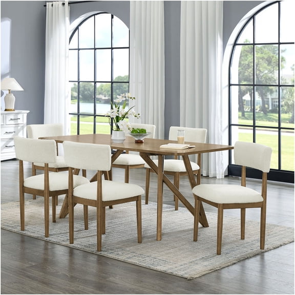 JERFIT 7-Piece Rectangular Dining Table Set with 6 Upholstered Chairs, Modern Cross Base, Brown Oak Finish for Kitchen Dining Room
