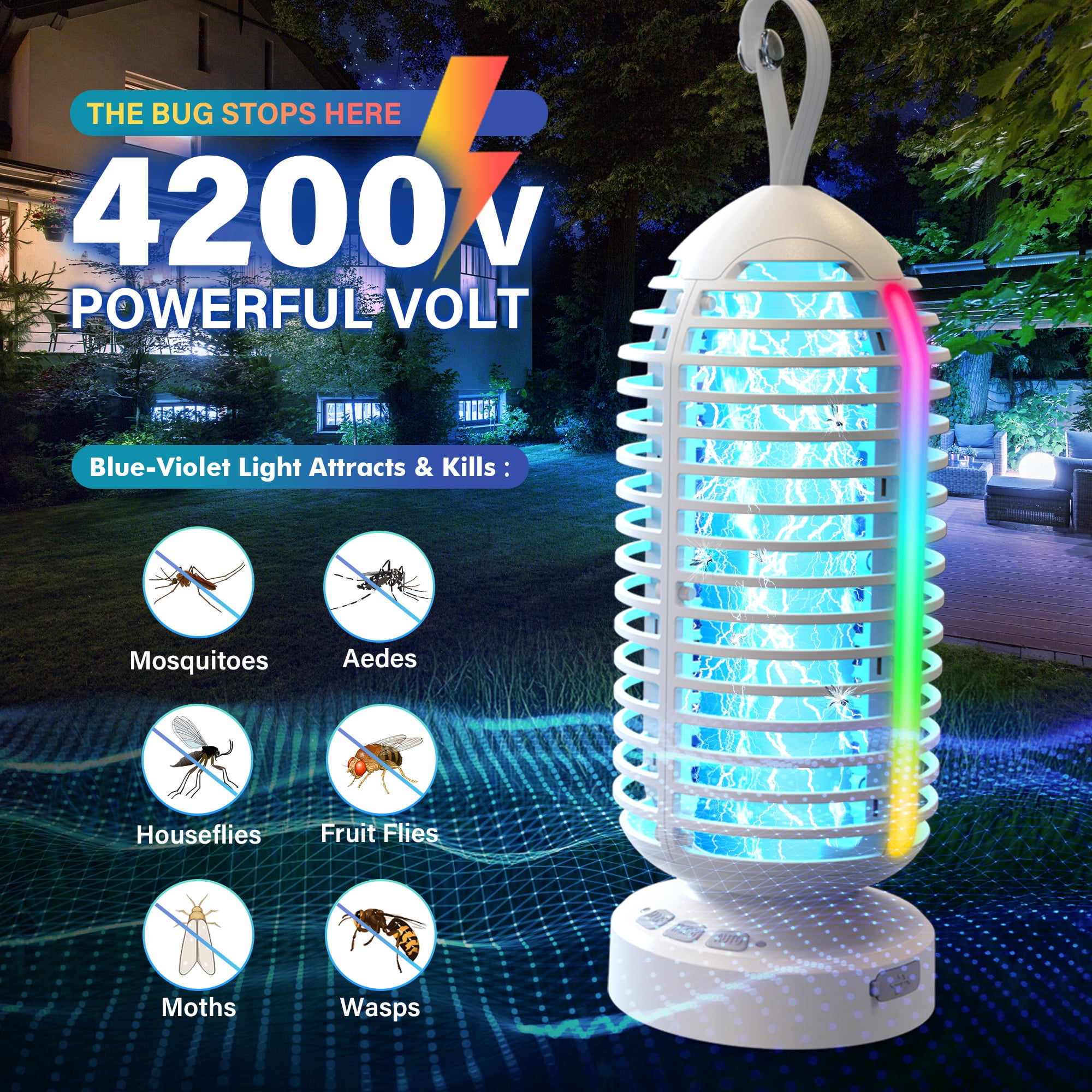 AENKYO Electric Bug Zapper Outdoor, Fly Mosquito Killer Lamp with Color Changing LED Light for Patio, Camping, White, 2 Pcs