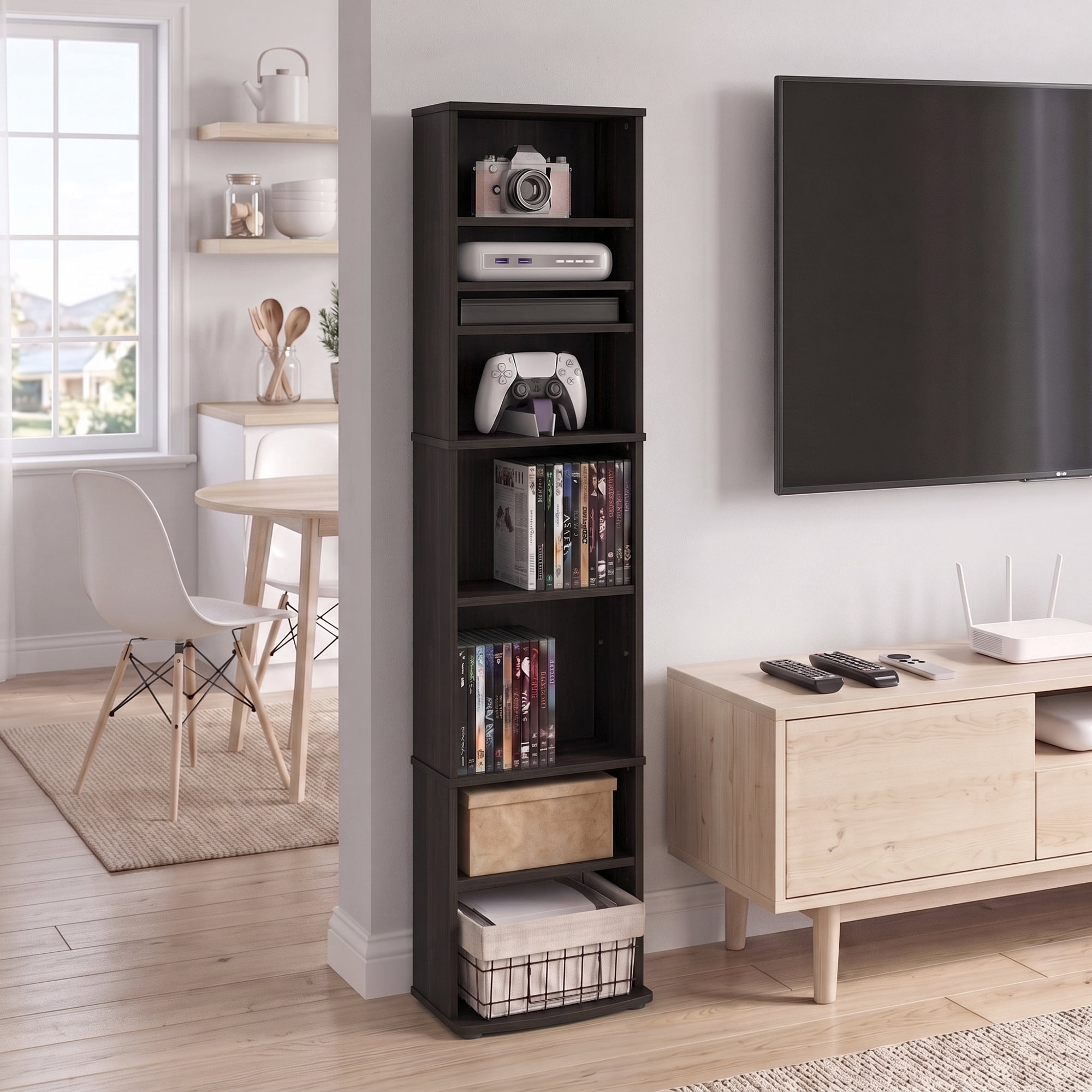 Furinno Jaya DVD Shelf, 9-Shelf Tall Narrow CD Rack, Media Shelf