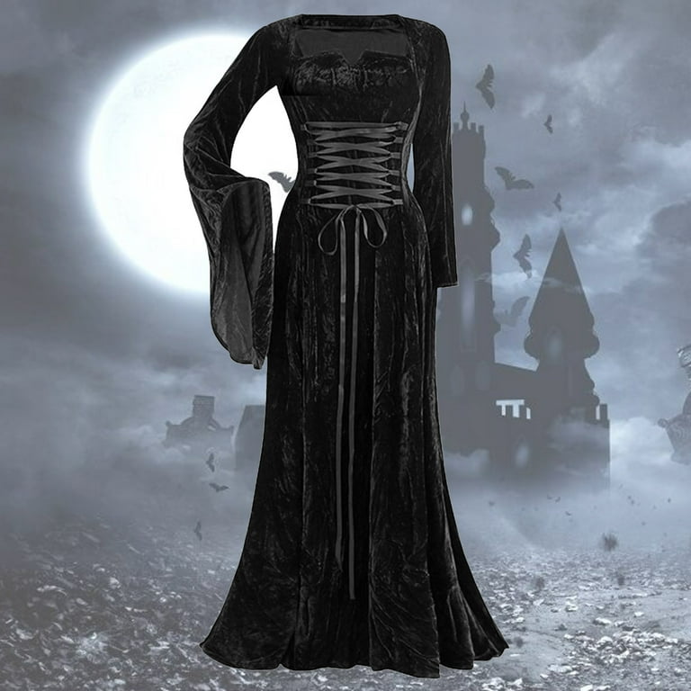 iOPQO Women s Formal Dresses Prom Dress Women s Long Dress Vintage Long Sleeve Solid Color Elegant Elven Dress Fall Dresses Black M Walmart