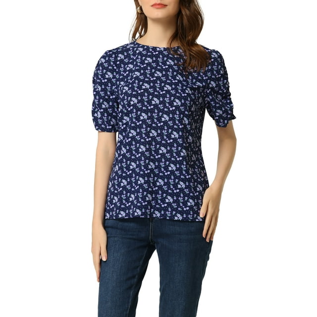 INSPIRE CHIC Hauts Froncés pour Femmes Col Rond Manches Courtes Dos Goutte d'Eau Blouse Florale TP Bleu Foncé