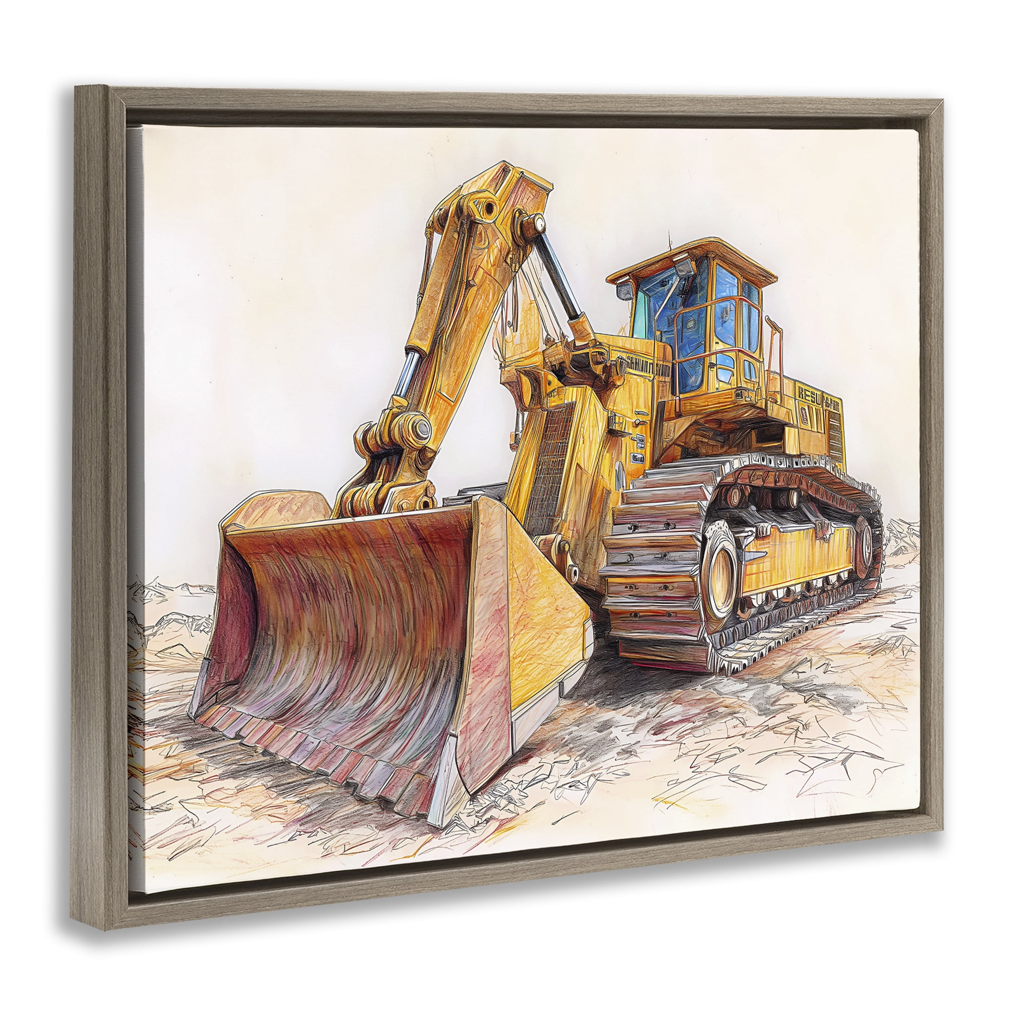 Stupell Industries Industrial Bulldozer Drawing Brown Framed Floater Canvas Wall Art, design by Steve Hunziker