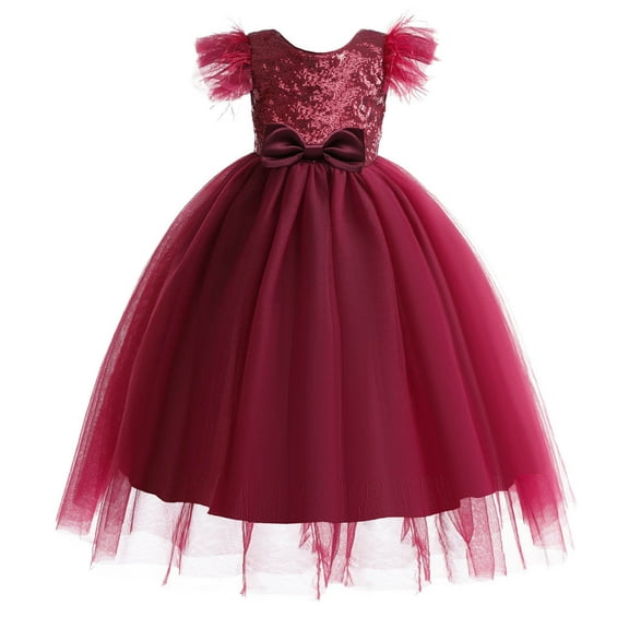 Diufon 3-12years Kids Girls Puffy Dress Lace Mesh Bowknot Birthday Princess Dresses Child Girl Romper Skirt (11-12 Years, Wine)