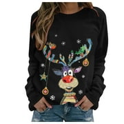 Jovati Ugly Sweater Christmas Women ,Crewneck Funny Ugly Christmas Sweatshirts Reindeer Print Loose O-Neck Long-Sleeved Fleece Oversized Hoodies Casual Blouse Pullover Tops Gift for Women