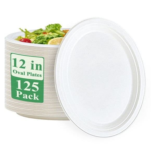 Platos de papel Vplus, 100% compostables, ovalados, 32 cm, 125 unidades
