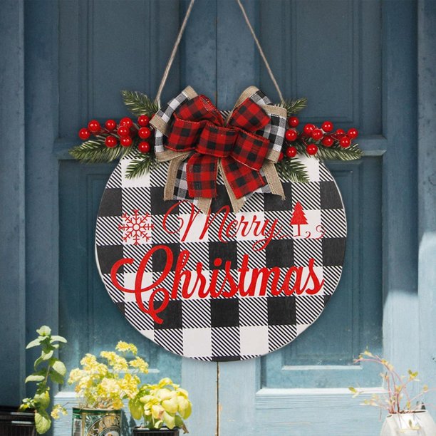 Decoración de letrero de Navidad redonda Decoración de pared y puerta de madera Decoración Letrero decorativo Decoración de arte de pared de Navidad Negro BLESIY Señal de puerta