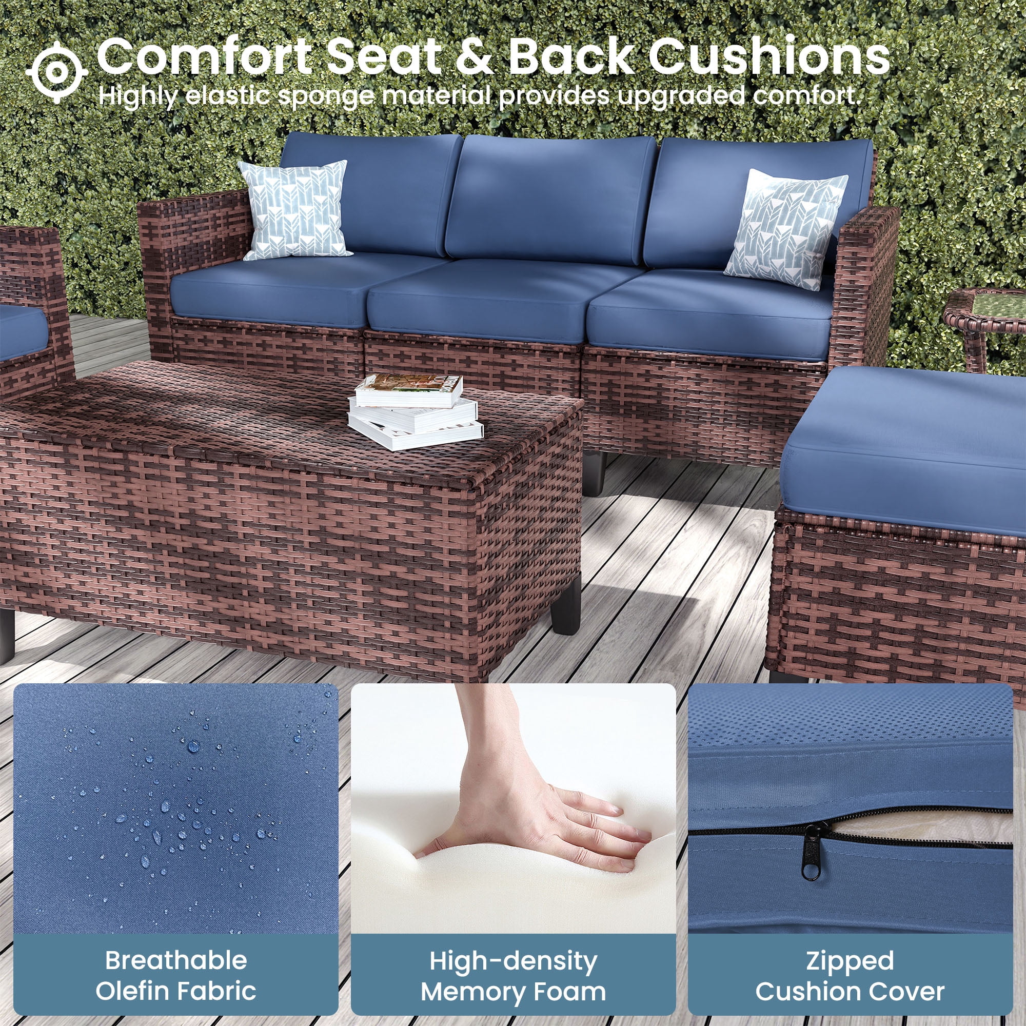 ELPOSUN Patio Furniture 10 Peces Wicker Outdoor Sectional Sofa Sets, Rattan Conversation Set with Storage Table, Swivel Chairs for Backyard, Pool, Navy（Include Waterproof Covers ）